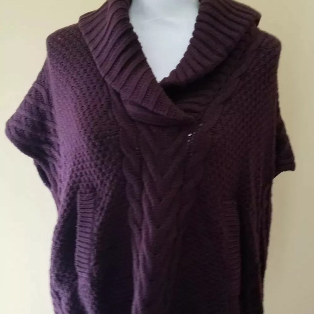 Purple Cliche Couture Sweater Wool Blend M short sleeve cable knit shawl collar